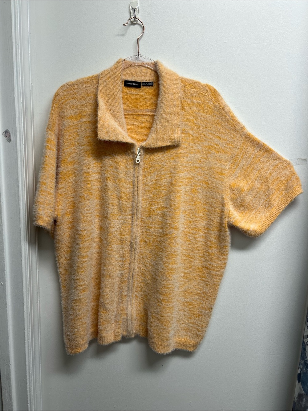 Retro 70’s inspired Short Sleeve Zip-Front Fuzzy marled knit Sweater
